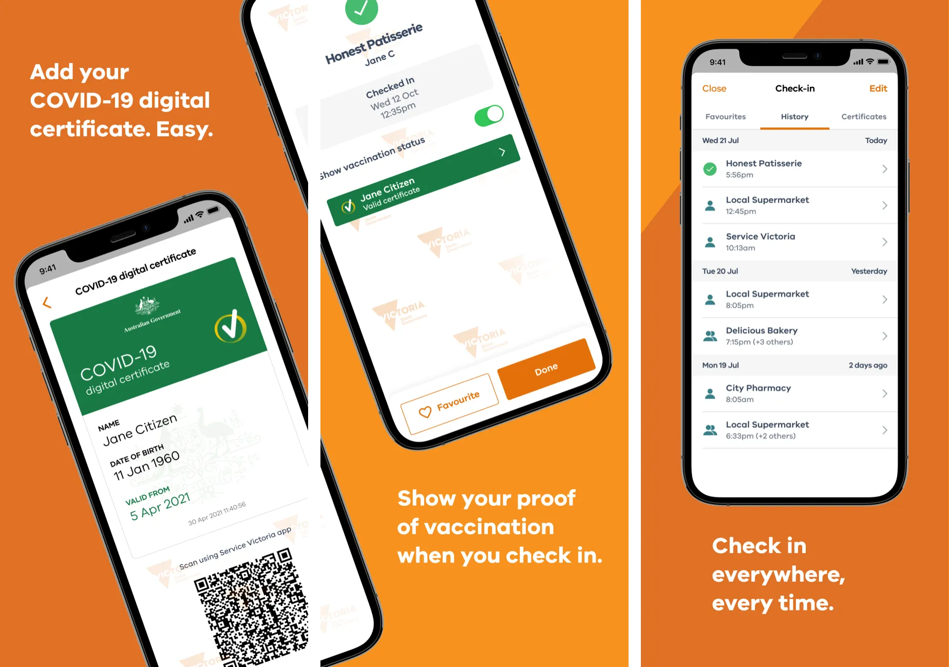 Service Victoria app screens — digital wallet, check-in and vouchers